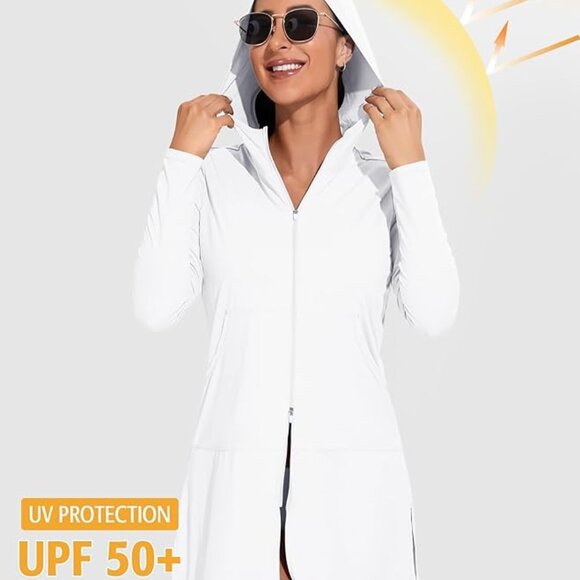 NWT! UPF 50+ Long-Sleeve Tunic Swimwear Coverup w/Hood, Pockets, Two-Way Zipper - Picture 1 of 15